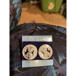 Hoffman Hex Signs Sterling Silver Stud Earrings Enamel Unicorn Folk Art 925